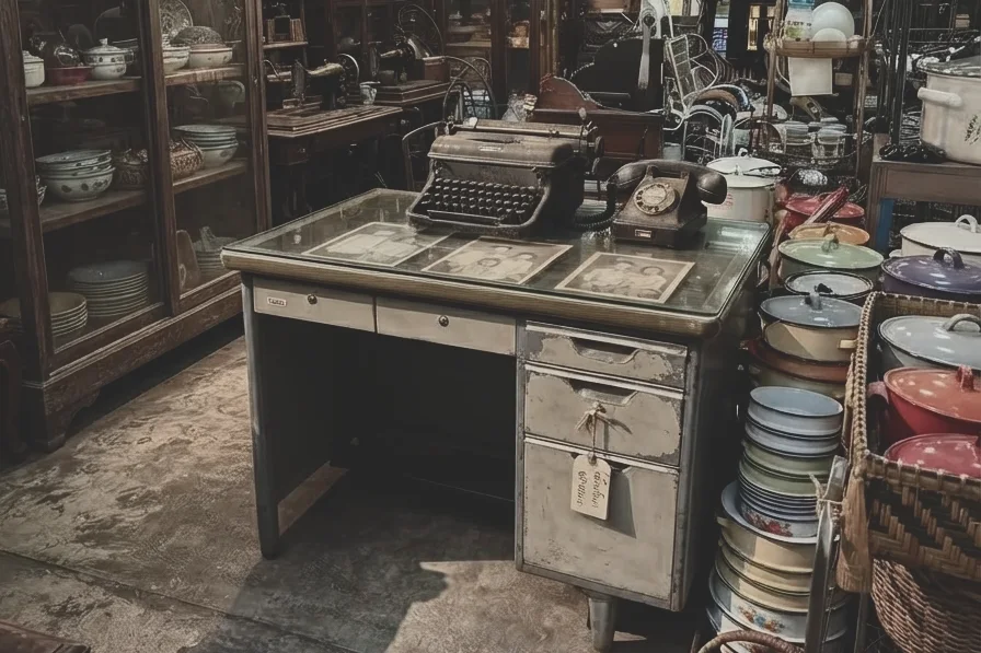 A worn steel office desk with a glass top, family photographs slipped underneath, a typewriter and a rotary telephone on top