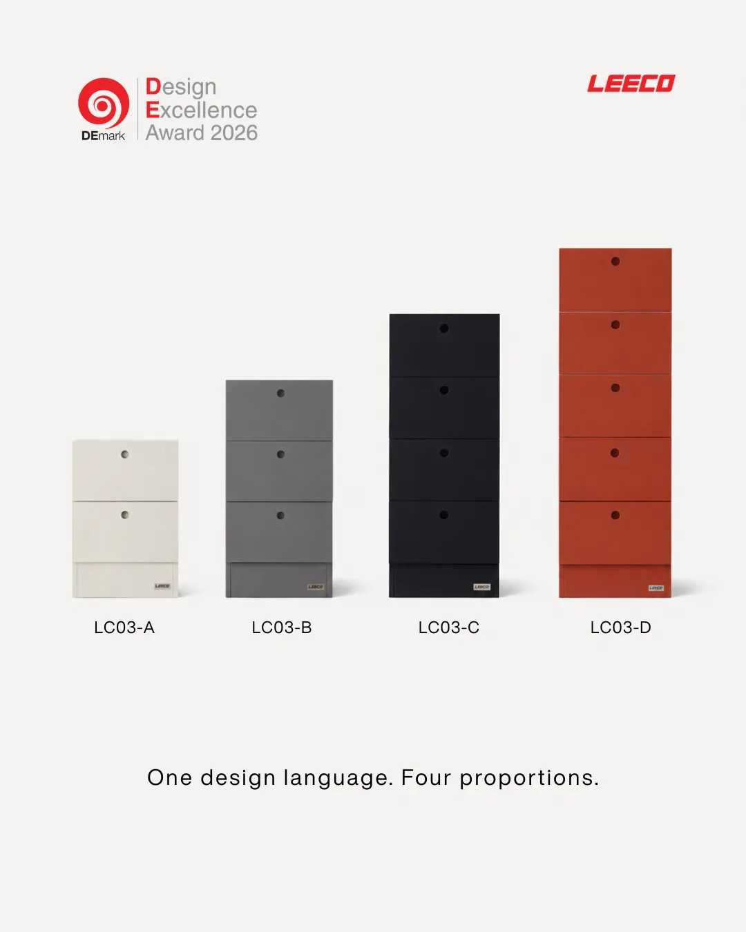 LC-03 Cabinet, winner of the Design Excellence Award 2026 (DEmark), shown in four proportions from LC03-A to LC03-D
